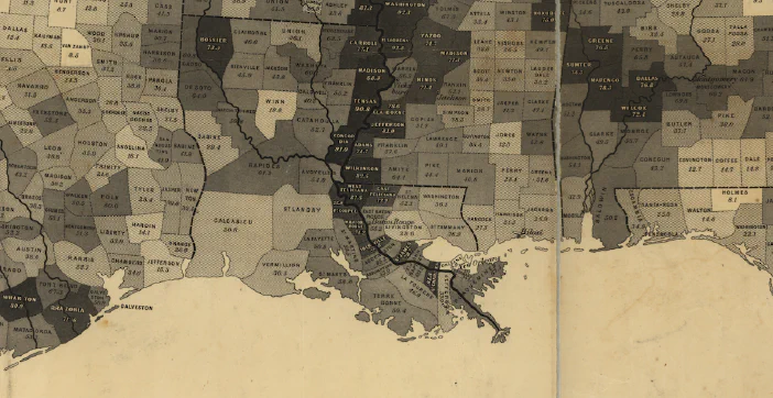 A detail from the U.S. Coast Survey map of slavery, showing the Mississippi River and delta.