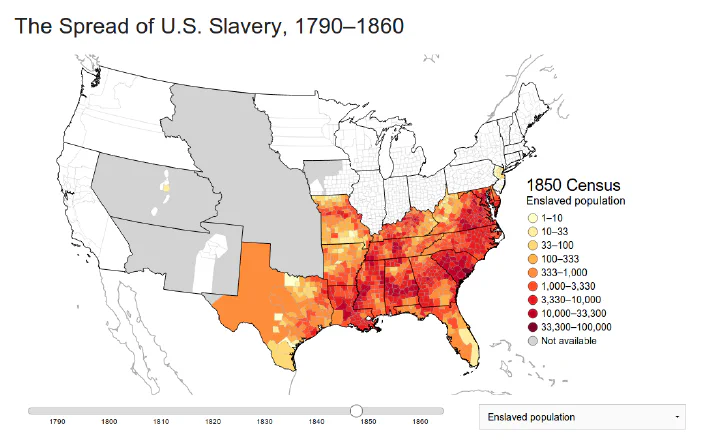 Screen shot of the interactive map of U.S. slavery.